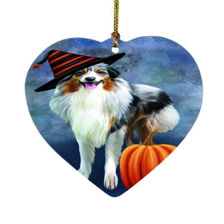 Happy Halloween Australian Shepherd Dog Wearing Witch Hat with Pumpkin Heart Christmas Ornament HPOR54988
