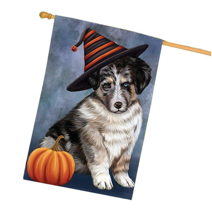 Happy Halloween Australian Shepherd Dog Wearing Witch Hat with Pumpkin House Flag