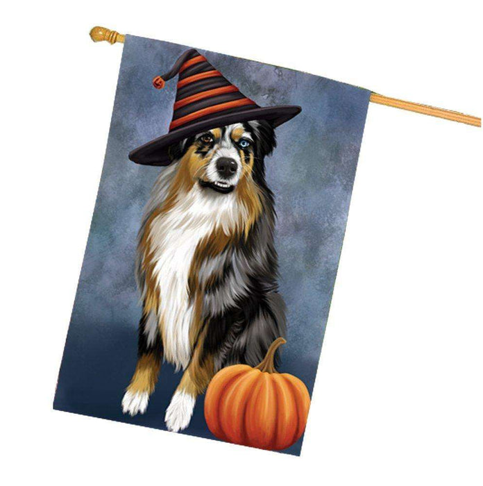 Happy Halloween Australian Shepherd Dog Wearing Witch Hat with Pumpkin House Flag