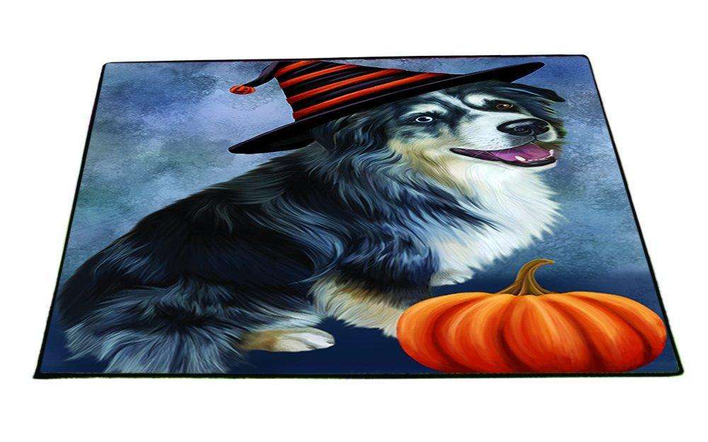 Happy Halloween Australian Shepherd Dog Wearing Witch Hat with Pumpkin Indoor/Outdoor Floormat