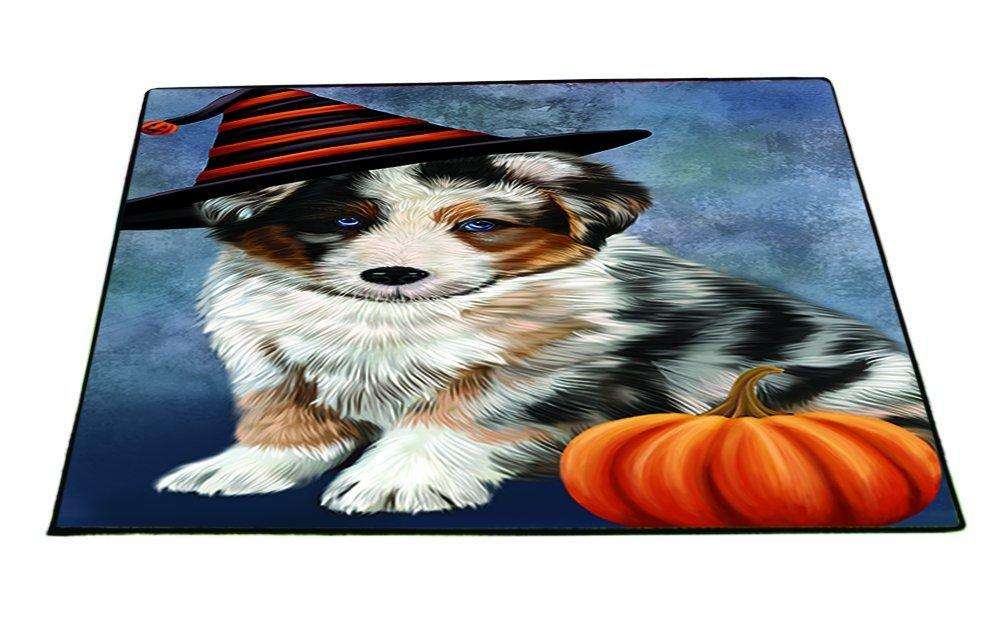 Happy Halloween Australian Shepherd Dog Wearing Witch Hat with Pumpkin Indoor/Outdoor Floormat