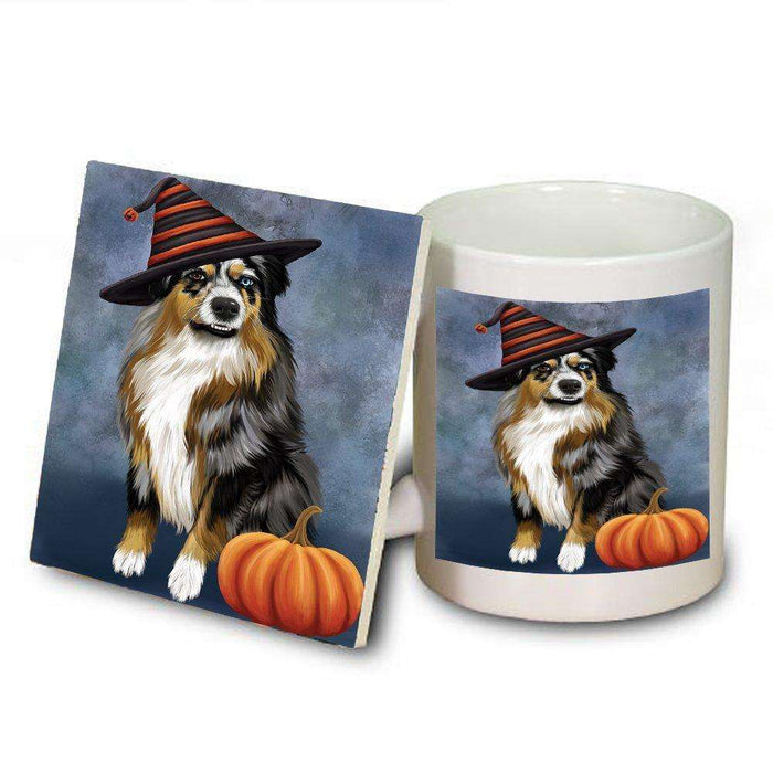 Happy Halloween Australian Shepherd Dog Wearing Witch Hat with Pumpkin Mug and Coaster Set