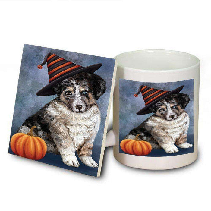 Happy Halloween Australian Shepherd Dog Wearing Witch Hat with Pumpkin Mug and Coaster Set