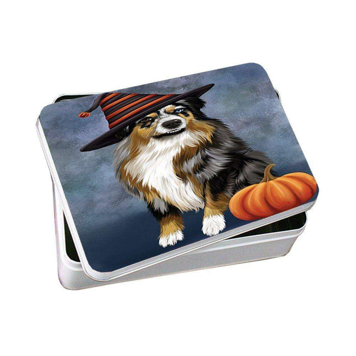 Happy Halloween Australian Shepherd Dog Wearing Witch Hat with Pumpkin Photo Storage Tin