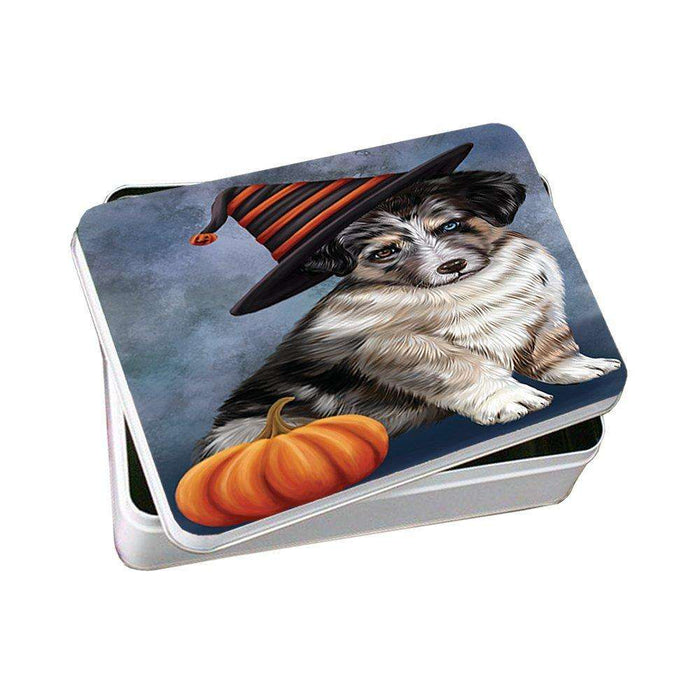 Happy Halloween Australian Shepherd Dog Wearing Witch Hat with Pumpkin Photo Storage Tin