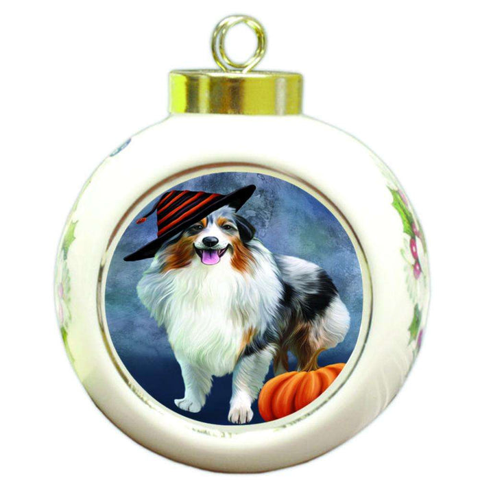 Happy Halloween Australian Shepherd Dog Wearing Witch Hat with Pumpkin Round Ball Christmas Ornament RBPOR54988