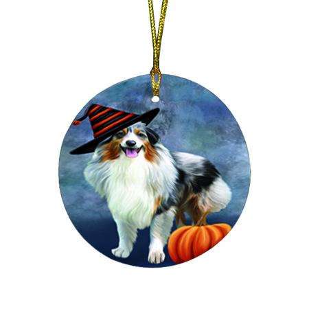 Happy Halloween Australian Shepherd Dog Wearing Witch Hat with Pumpkin Round Flat Christmas Ornament RFPOR54979