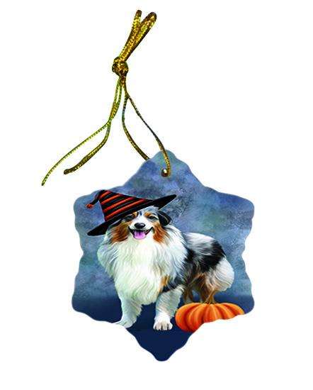 Happy Halloween Australian Shepherd Dog Wearing Witch Hat with Pumpkin Star Porcelain Ornament SPOR54979