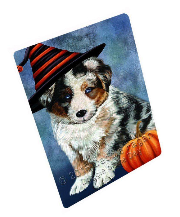 Happy Halloween Australian Shepherd Dog Wearing Witch Hat with Pumpkin Tempered Cutting Board