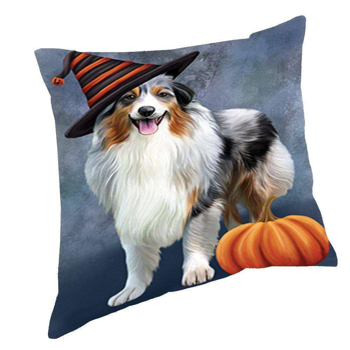 Happy Halloween Australian Shepherd Dog Wearing Witch Hat with Pumpkin Throw Pillow