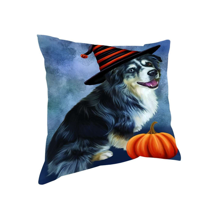Happy Halloween Australian Shepherd Dog Wearing Witch Hat with Pumpkin Throw Pillow