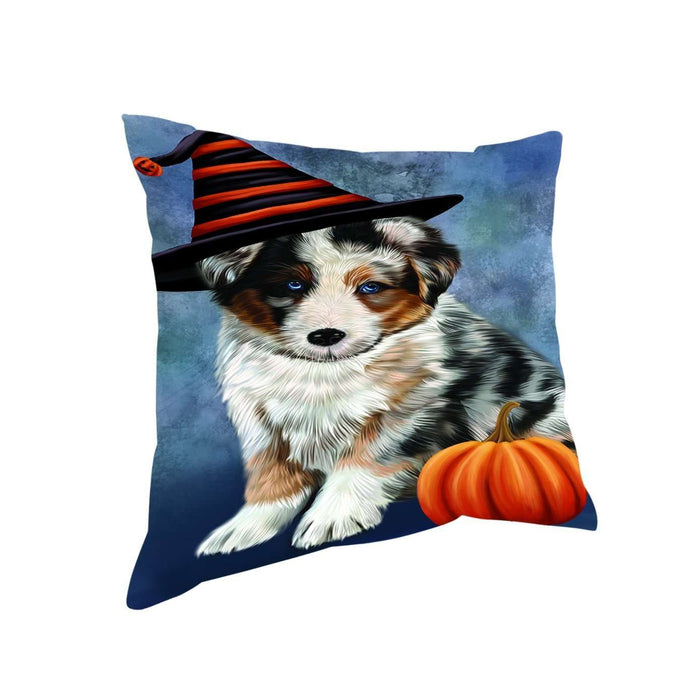 Happy Halloween Australian Shepherd Dog Wearing Witch Hat with Pumpkin Throw Pillow