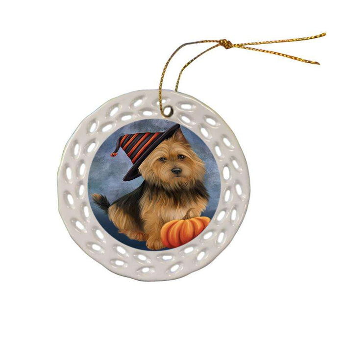 Happy Halloween Australian Terrier Dog Wearing Witch Hat with Pumpkin Ceramic Doily Ornament DPOR54840