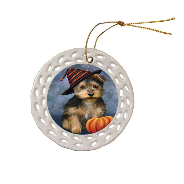 Happy Halloween Australian Terrier Dog Wearing Witch Hat with Pumpkin Ceramic Doily Ornament DPOR54841