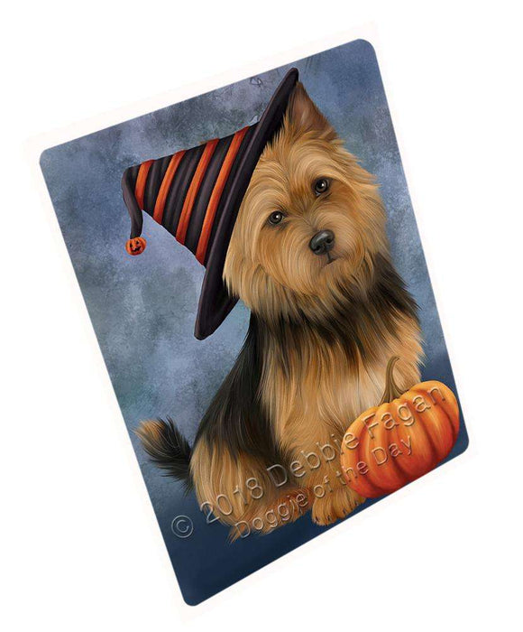 Happy Halloween Australian Terrier Dog Wearing Witch Hat with Pumpkin Cutting Board C68964