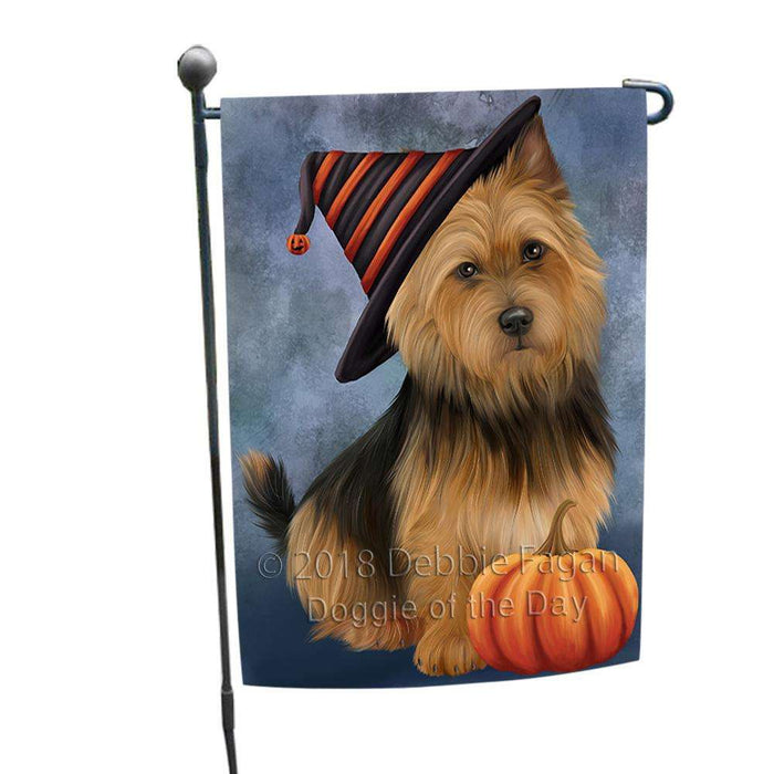 Happy Halloween Australian Terrier Dog Wearing Witch Hat with Pumpkin Garden Flag GFLG54902