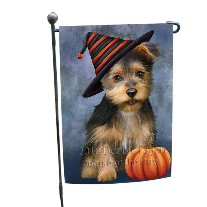 Happy Halloween Australian Terrier Dog Wearing Witch Hat with Pumpkin Garden Flag GFLG54903