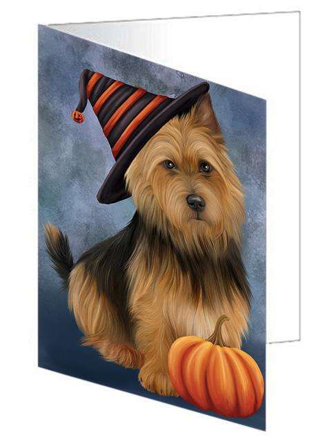 Happy Halloween Australian Terrier Dog Wearing Witch Hat with Pumpkin Handmade Artwork Assorted Pets Greeting Cards and Note Cards with Envelopes for All Occasions and Holiday Seasons GCD68549