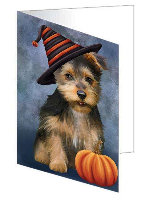 Happy Halloween Australian Terrier Dog Wearing Witch Hat with Pumpkin Handmade Artwork Assorted Pets Greeting Cards and Note Cards with Envelopes for All Occasions and Holiday Seasons GCD68552