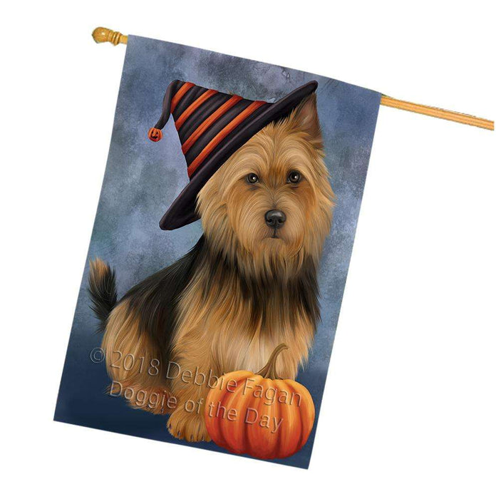 Happy Halloween Australian Terrier Dog Wearing Witch Hat with Pumpkin House Flag FLG55038