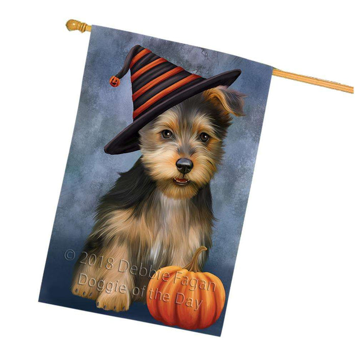 Happy Halloween Australian Terrier Dog Wearing Witch Hat with Pumpkin House Flag FLG55039