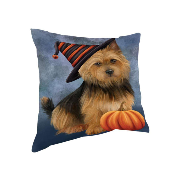 Happy Halloween Australian Terrier Dog Wearing Witch Hat with Pumpkin Pillow PIL75984