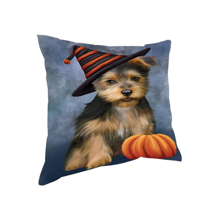 Happy Halloween Australian Terrier Dog Wearing Witch Hat with Pumpkin Pillow PIL75988