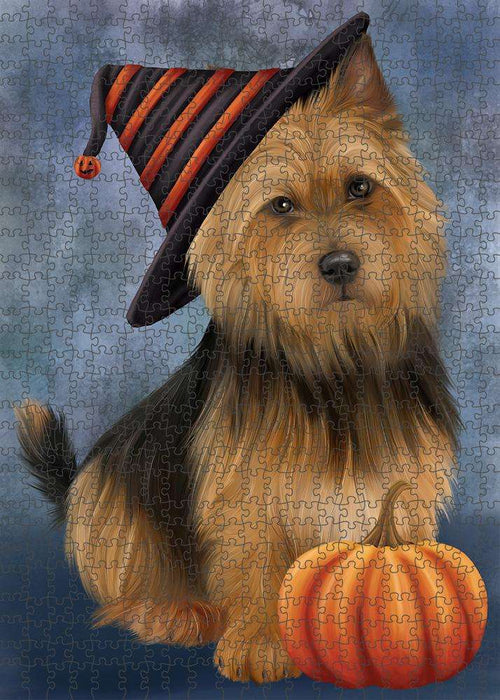 Happy Halloween Australian Terrier Dog Wearing Witch Hat with Pumpkin Puzzle with Photo Tin PUZL86516