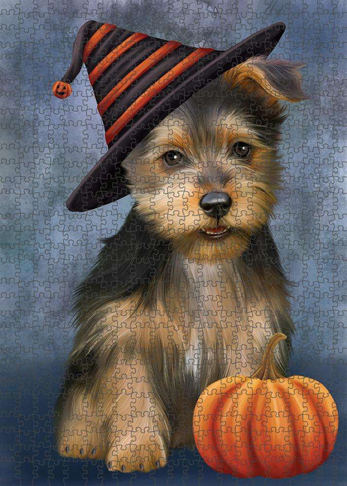 Happy Halloween Australian Terrier Dog Wearing Witch Hat with Pumpkin Puzzle with Photo Tin PUZL86520