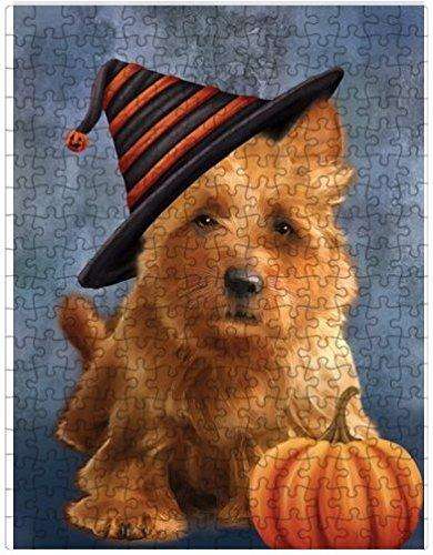 Happy Halloween Australian Terrier Dog Wearing Witch Hat with Pumpkin Puzzle with Photo Tin