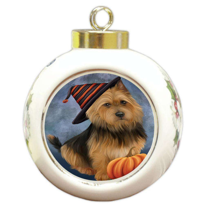 Happy Halloween Australian Terrier Dog Wearing Witch Hat with Pumpkin Round Ball Christmas Ornament RBPOR54840