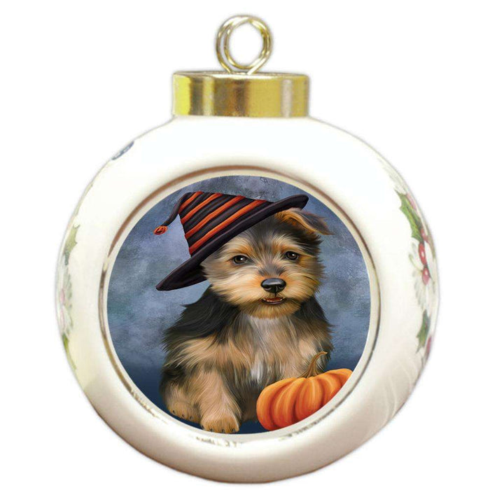 Happy Halloween Australian Terrier Dog Wearing Witch Hat with Pumpkin Round Ball Christmas Ornament RBPOR54841