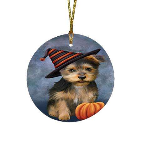 Happy Halloween Australian Terrier Dog Wearing Witch Hat with Pumpkin Round Flat Christmas Ornament RFPOR54832