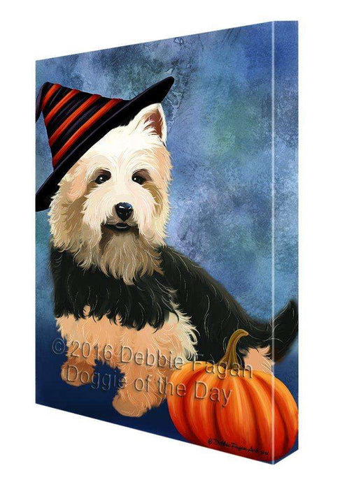 Happy Halloween Australian Terriers Dog Wearing Witch Hat with Pumpkin Canvas Wall Art