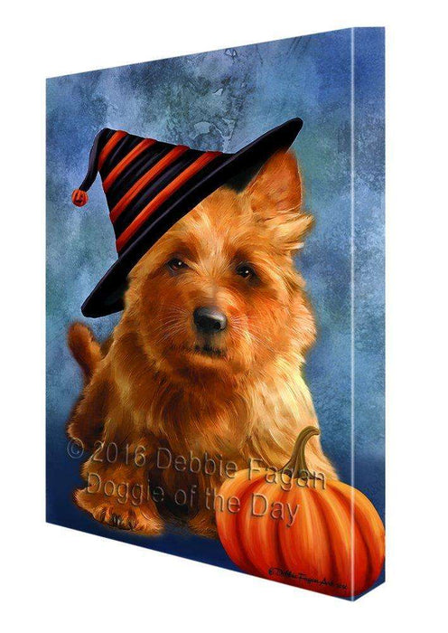 Happy Halloween Australian Terriers Dog Wearing Witch Hat with Pumpkin Canvas Wall Art