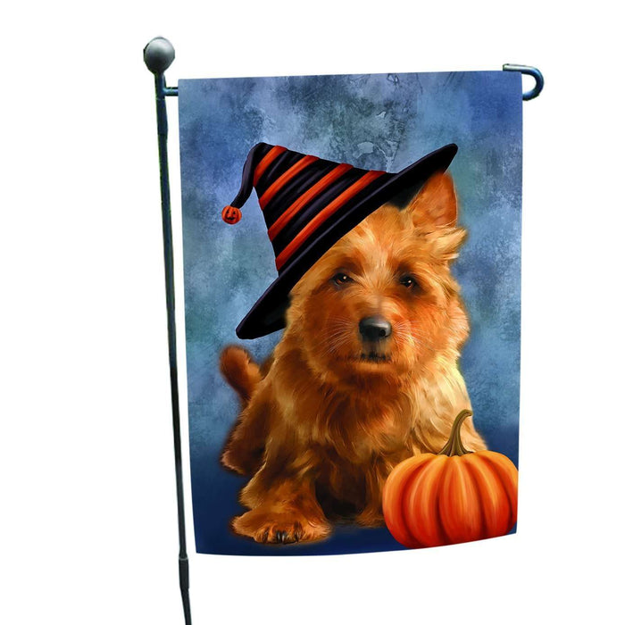 Happy Halloween Australian Terriers Dog Wearing Witch Hat with Pumpkin Garden Flag