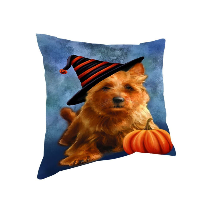 Happy Halloween Australian Terriers Dog Wearing Witch Hat with Pumpkin Throw Pillow