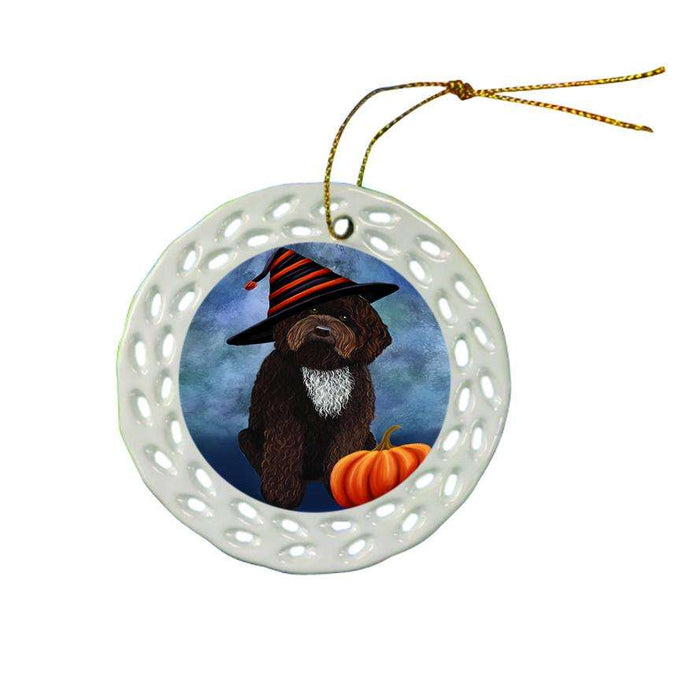 Happy Halloween Barbet Dog Wearing Witch Hat with Pumpkin Ceramic Doily Ornament DPOR54990