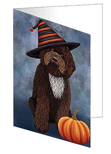 Happy Halloween Barbet Dog Wearing Witch Hat with Pumpkin Handmade Artwork Assorted Pets Greeting Cards and Note Cards with Envelopes for All Occasions and Holiday Seasons