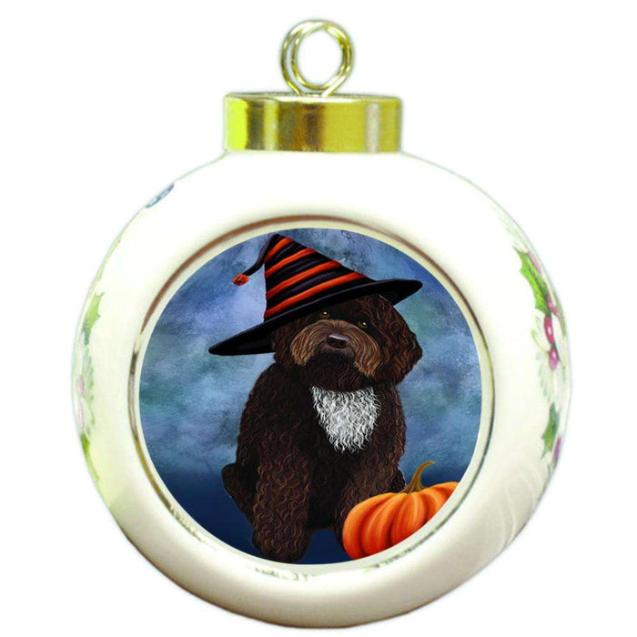 Happy Halloween Barbet Dog Wearing Witch Hat with Pumpkin Round Ball Christmas Ornament RBPOR54990