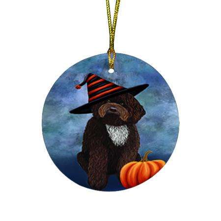Happy Halloween Barbet Dog Wearing Witch Hat with Pumpkin Round Flat Christmas Ornament RFPOR54981