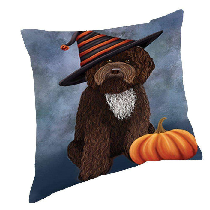 Happy Halloween Barbet Dog Wearing Witch Hat with Pumpkin Throw Pillow