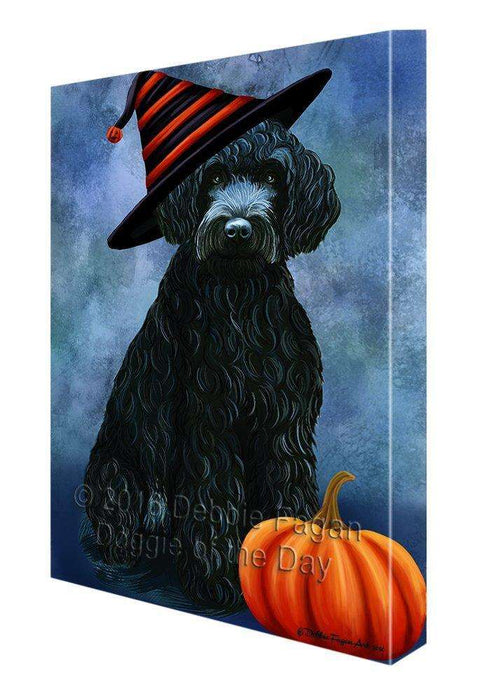 Happy Halloween Barbets Dog Wearing Witch Hat with Pumpkin Canvas Wall Art