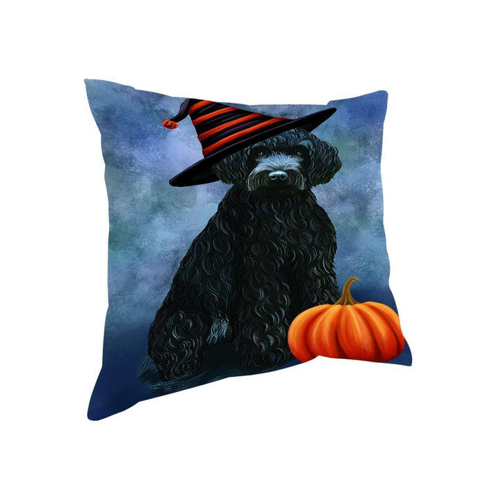 Happy Halloween Barbets Dog Wearing Witch Hat with Pumpkin Throw Pillow