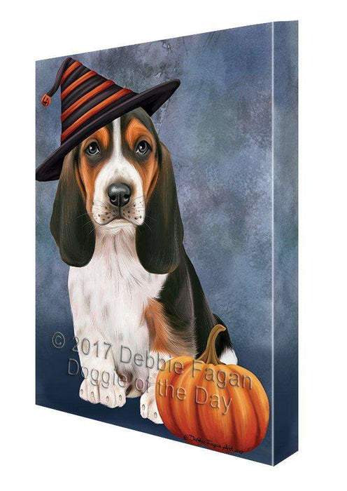 Happy Halloween Basset Hound Dog Wearing Witch Hat with Pumpkin Canvas Wall Art
