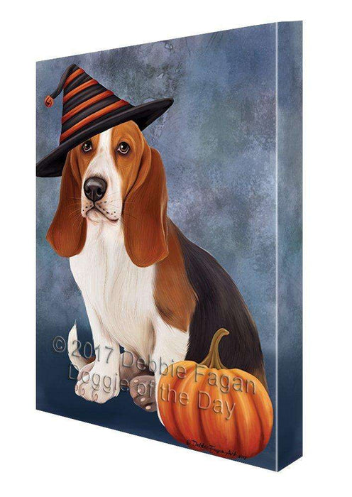 Happy Halloween Basset Hound Dog Wearing Witch Hat with Pumpkin Canvas Wall Art