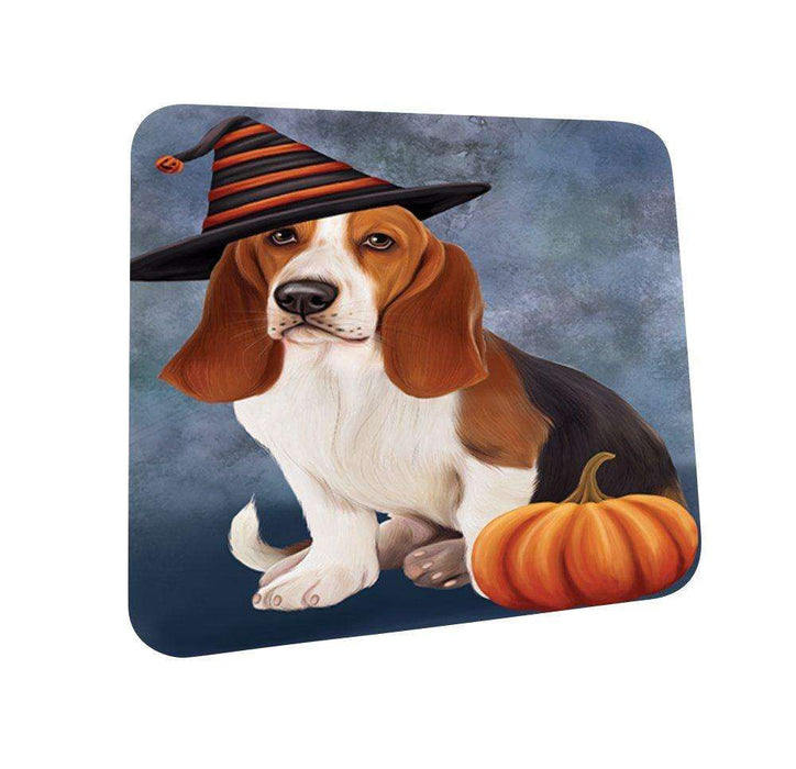 Happy Halloween Basset Hounds Dog Wearing Witch Hat with Pumpkin Coasters Set of 4