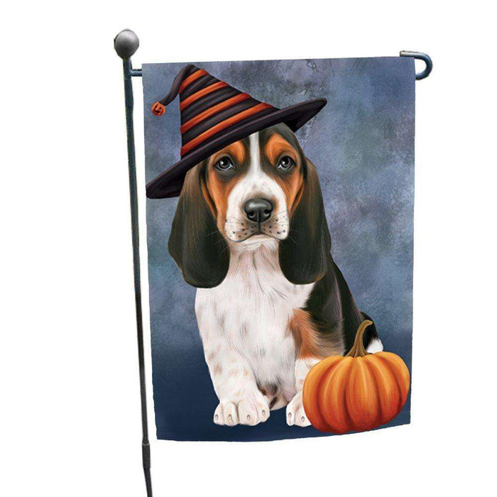 Happy Halloween Basset Hounds Dog Wearing Witch Hat with Pumpkin Garden Flag