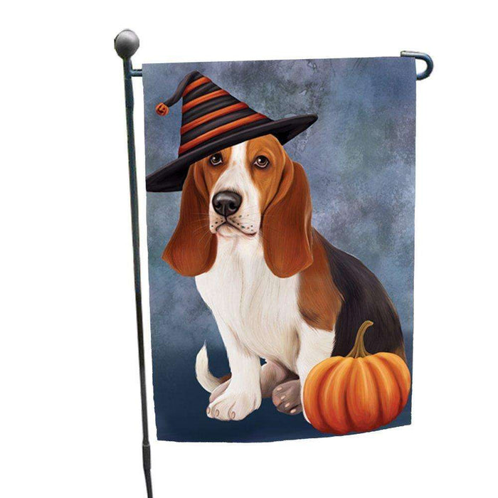 Happy Halloween Basset Hounds Dog Wearing Witch Hat with Pumpkin Garden Flag