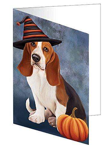 Happy Halloween Basset Hounds Dog Wearing Witch Hat with Pumpkin Handmade Artwork Assorted Pets Greeting Cards and Note Cards with Envelopes for All Occasions and Holiday Seasons